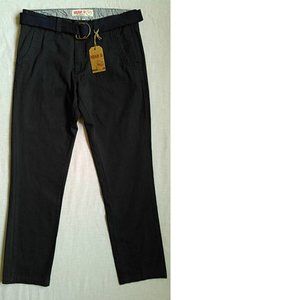 Kian D Slim-Fit Cotton Pants w/ Belt, Black, 32x30